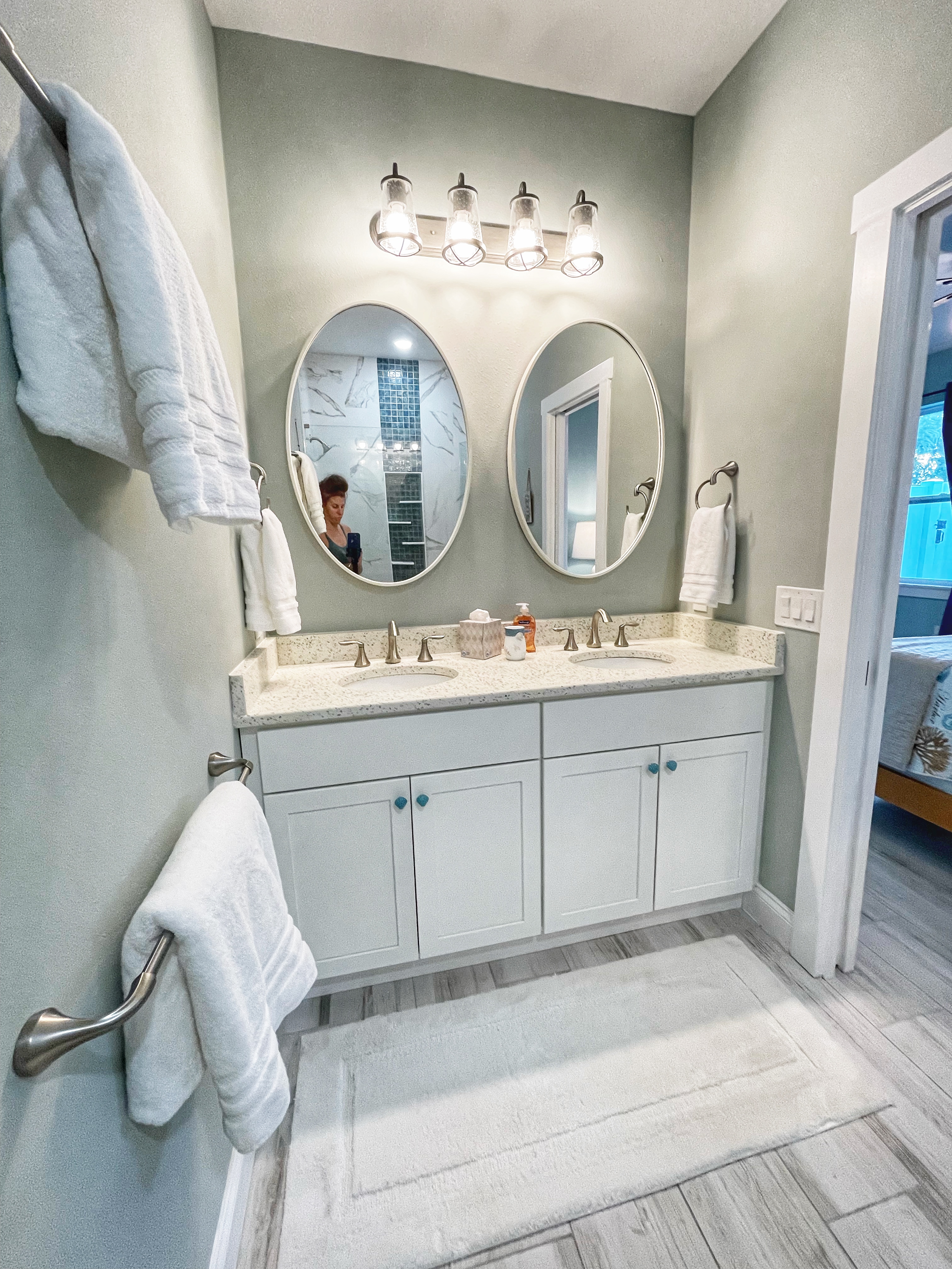 Standing shower and double vanity bathroom